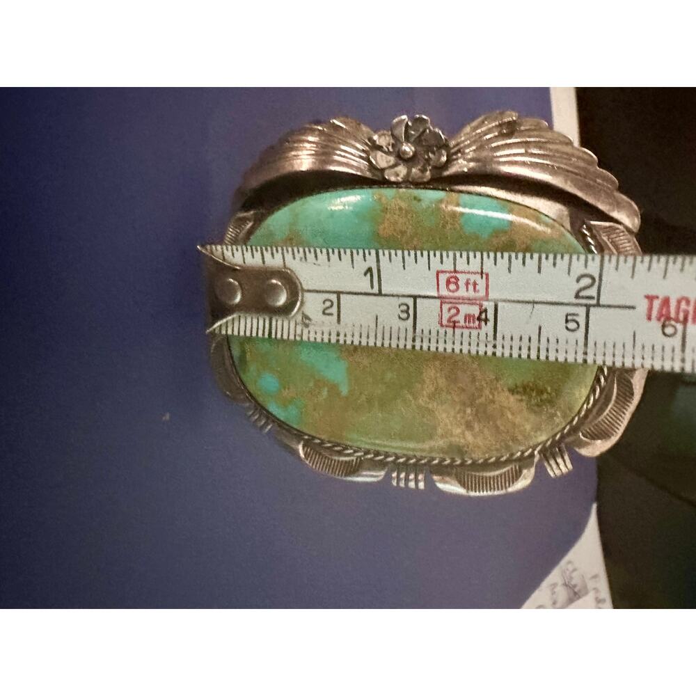 VINTAGE 70's 80's HUGE HEAVY SIGNED NAVAJO CARVED STERLING TURQUOISE CUFF UNISEX - Picture 11 of 14